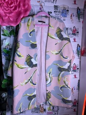 Pink Printed Open-Front Blazer with Crane Motif